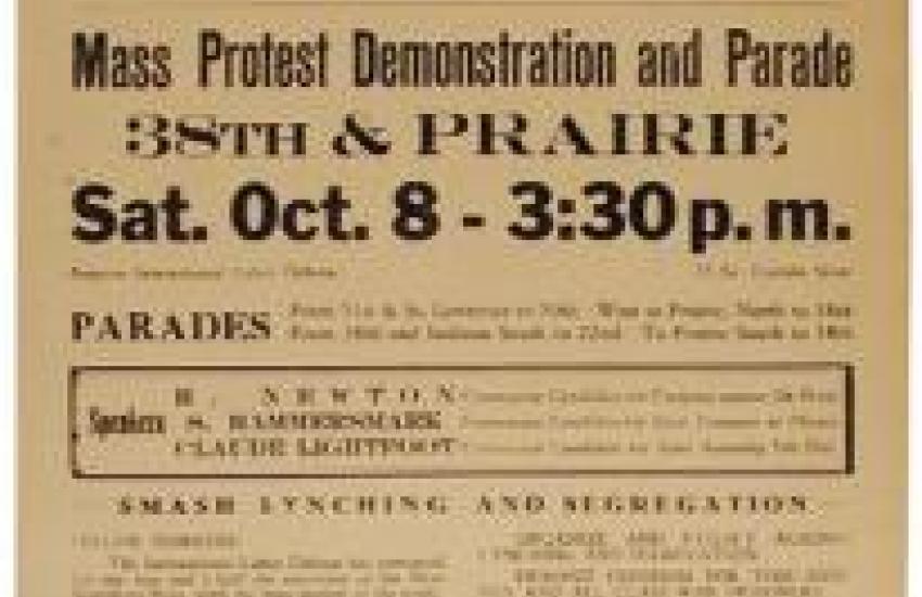 ILD leaflet announcing demonstration, parade, and rally in Chicago for the Scottsboro Boys.